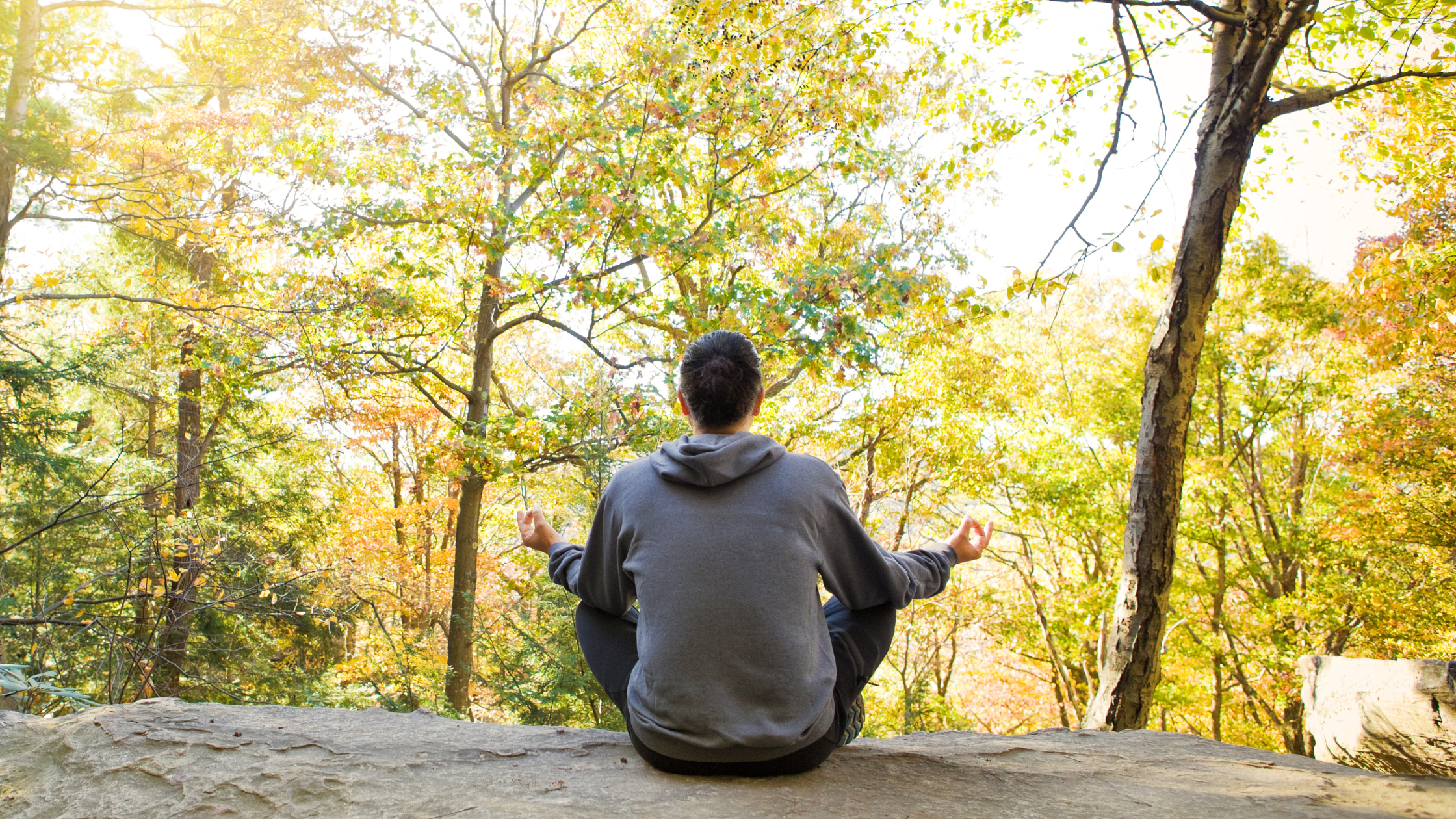 Person meditating outdoors surrounded by fall trees