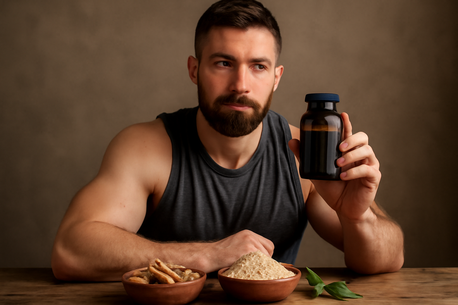 Man holding dark supplement bottle with bowls of powder and roots
