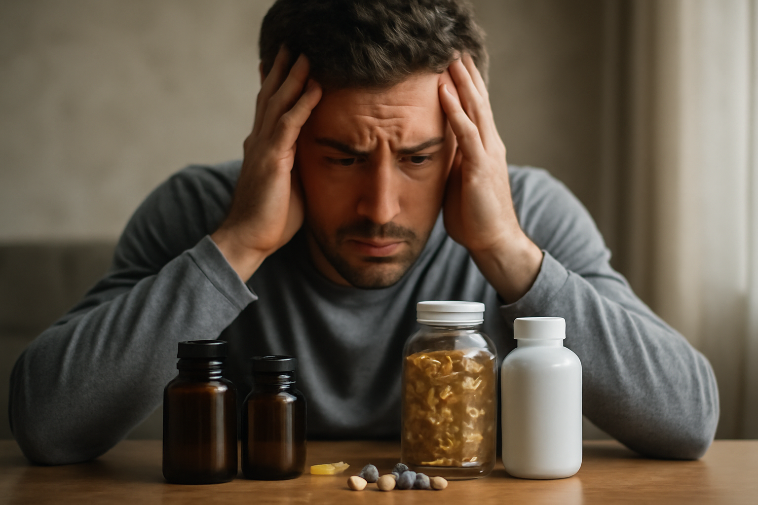 Man holding head looking at various supplement bottles