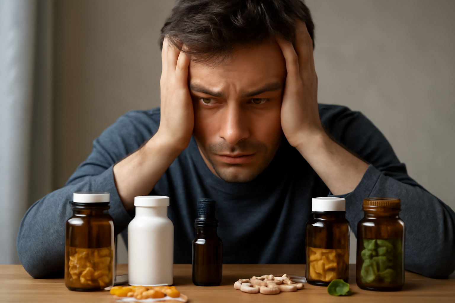 Worried man with various supplement bottles on table