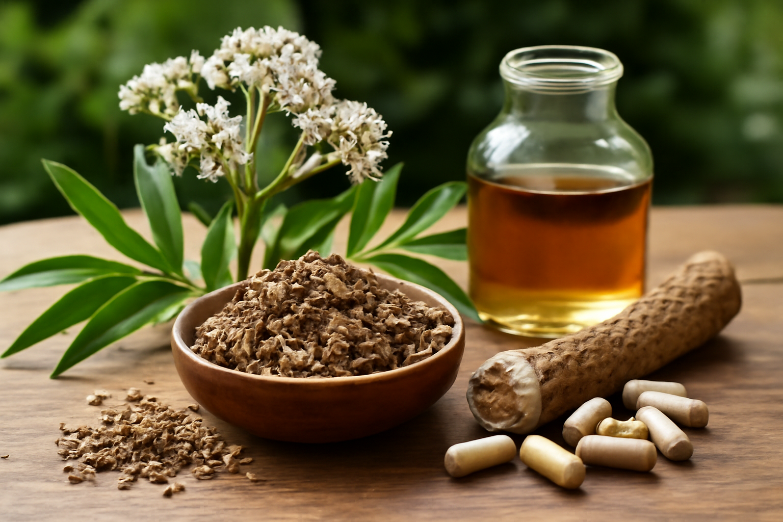 Valerian root plant, dried root, capsules, and tincture on wood
