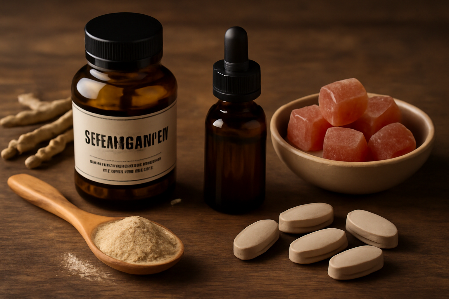Various ashwagandha supplements including powder, capsules, gummies, and tincture