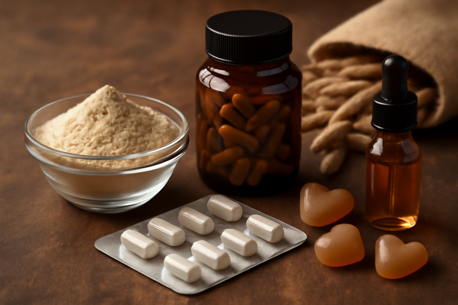 Ashwagandha powder, capsules, gummies, and tincture bottle