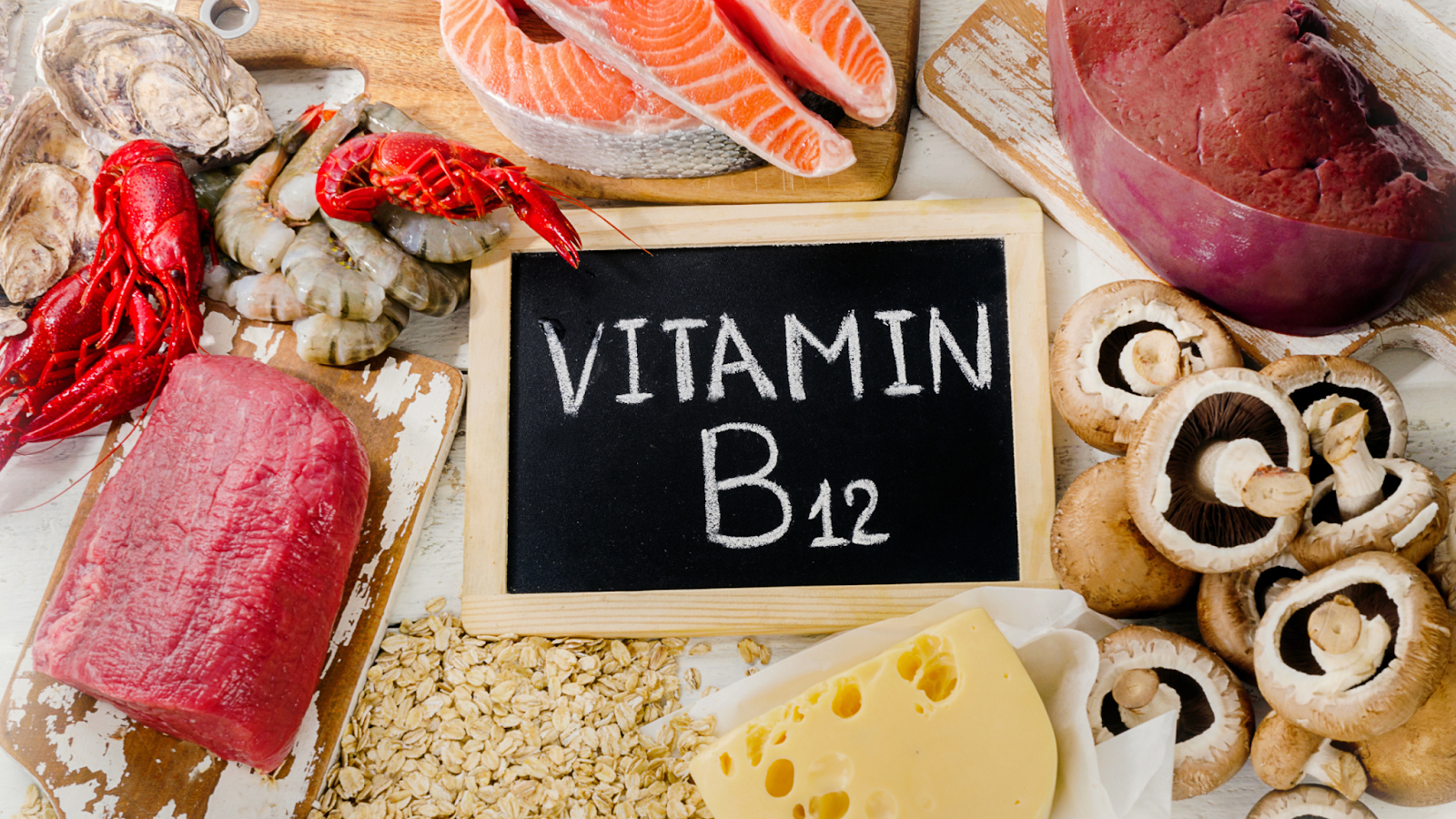 Vitamin B12 sources including seafood, meat, cheese, mushrooms, and oats