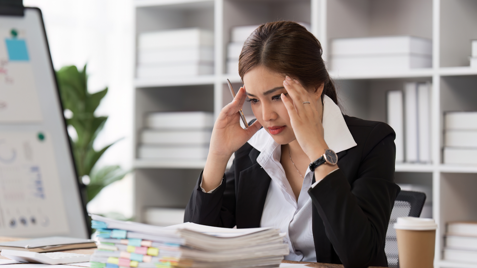 Stressed woman at desk with large paperwork stack
