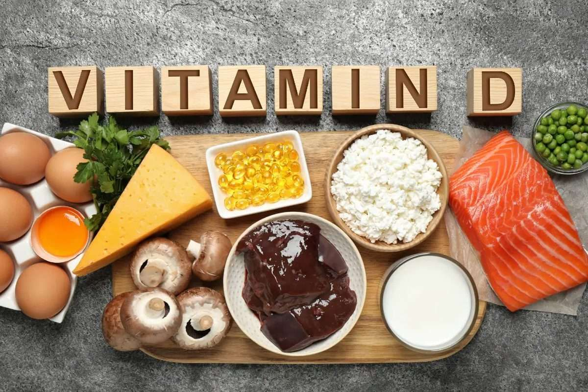 Foods rich in vitamin D including eggs, cheese, fish, and mushrooms