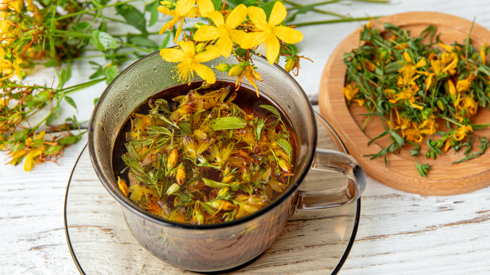 Glass cup of St. John’s Wort herbal tea with fresh flowers and leaves