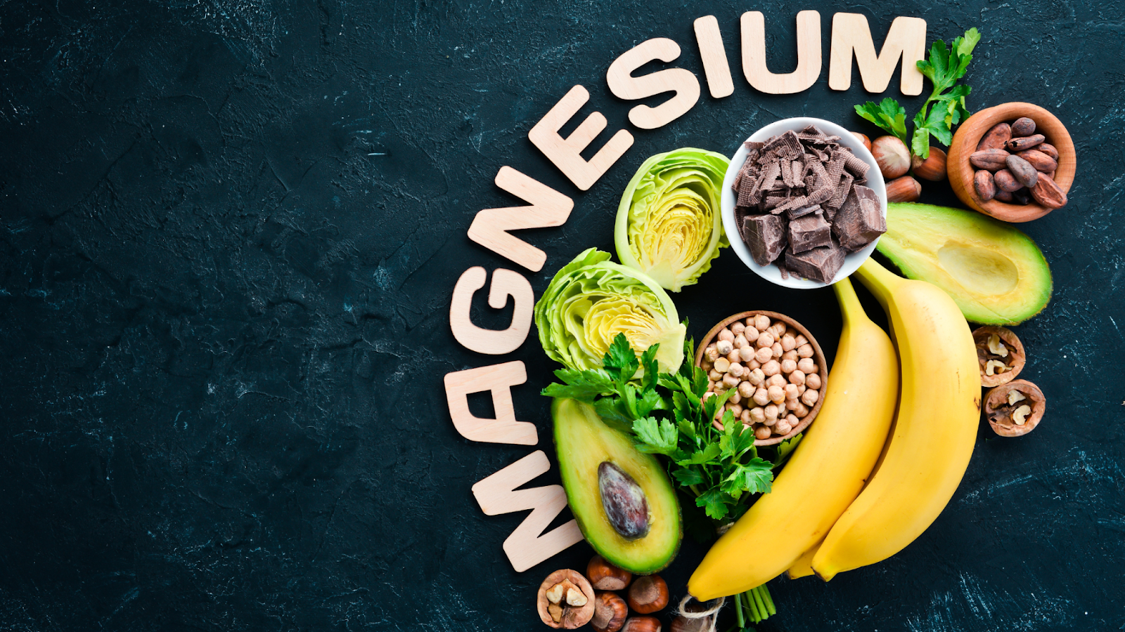 Foods rich in magnesium including bananas avocado nuts and chocolate