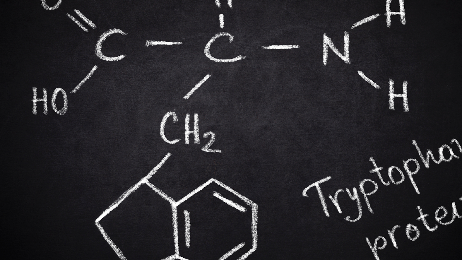 Chalk drawing of L-Tryptophan chemical structure on blackboard