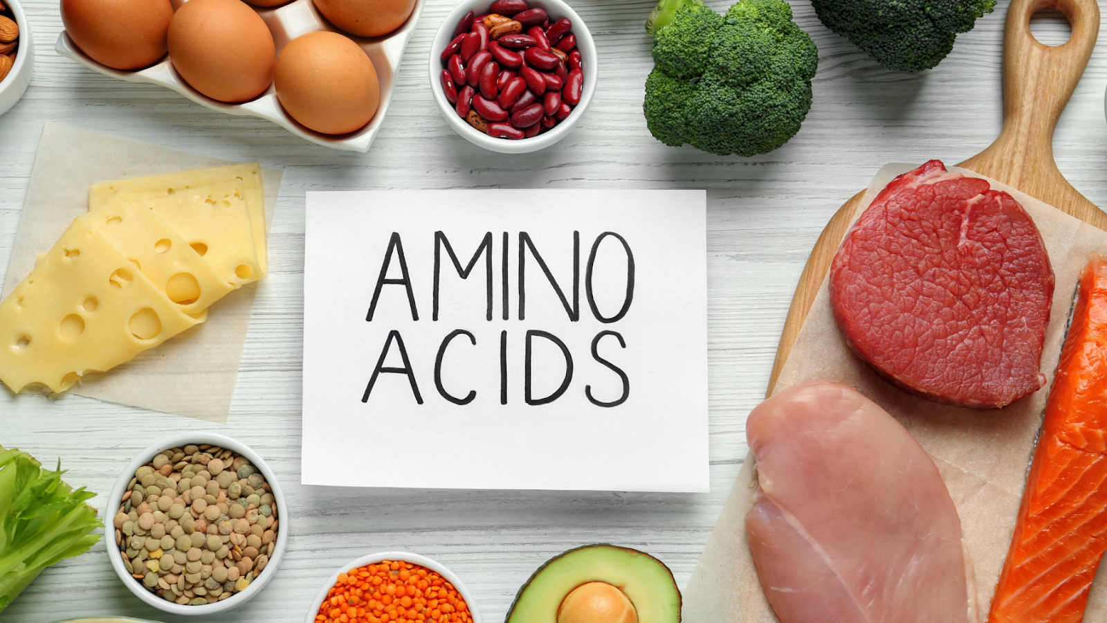 Various protein-rich foods with a card reading AMINO ACIDS