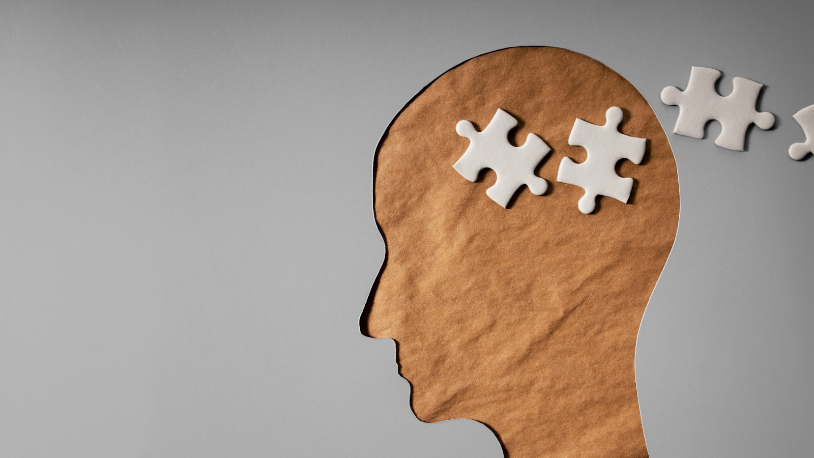 Silhouette of human head with puzzle pieces inside and outside