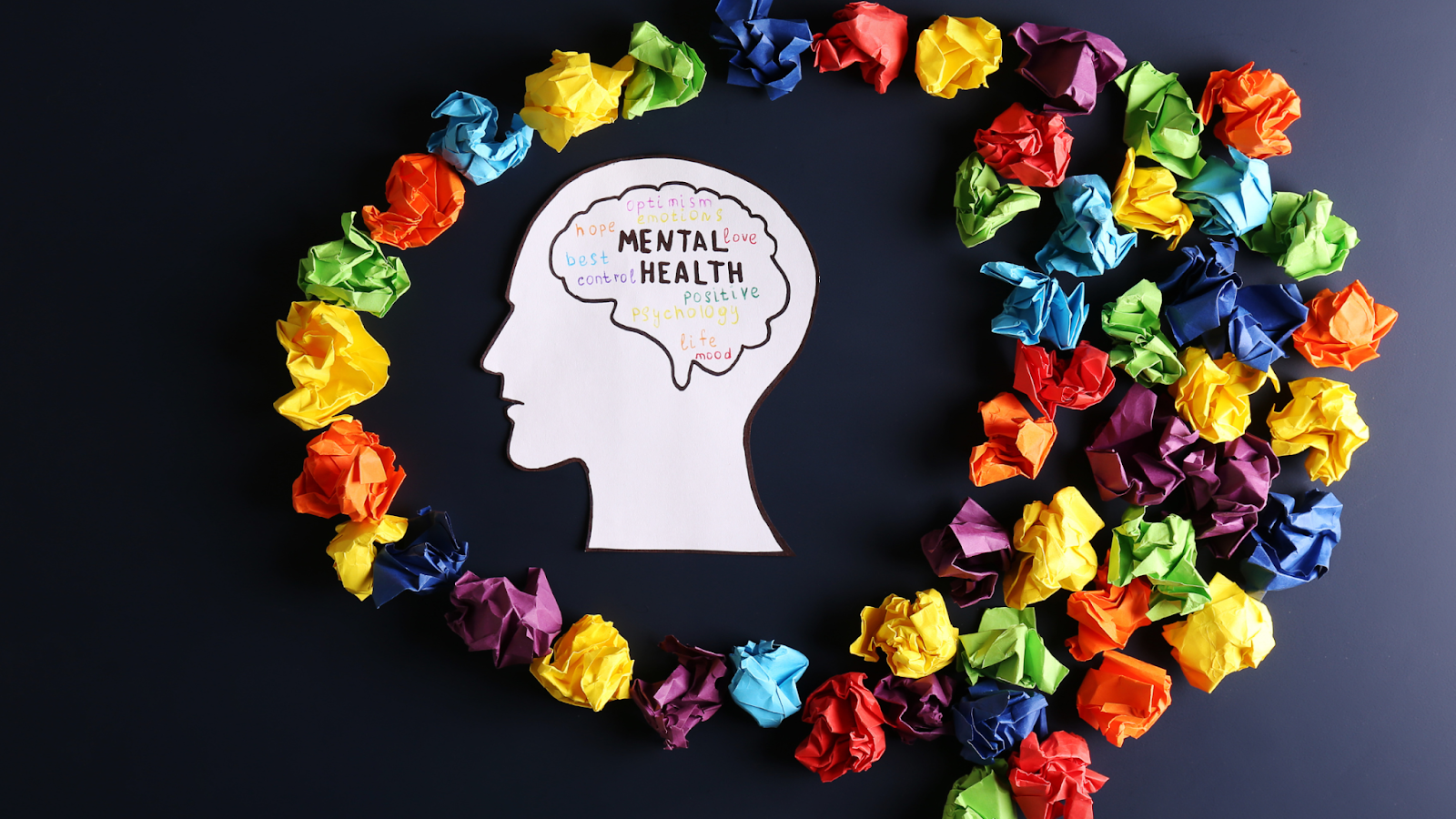 Paper head silhouette with mental health words surrounded by colorful crumpled paper