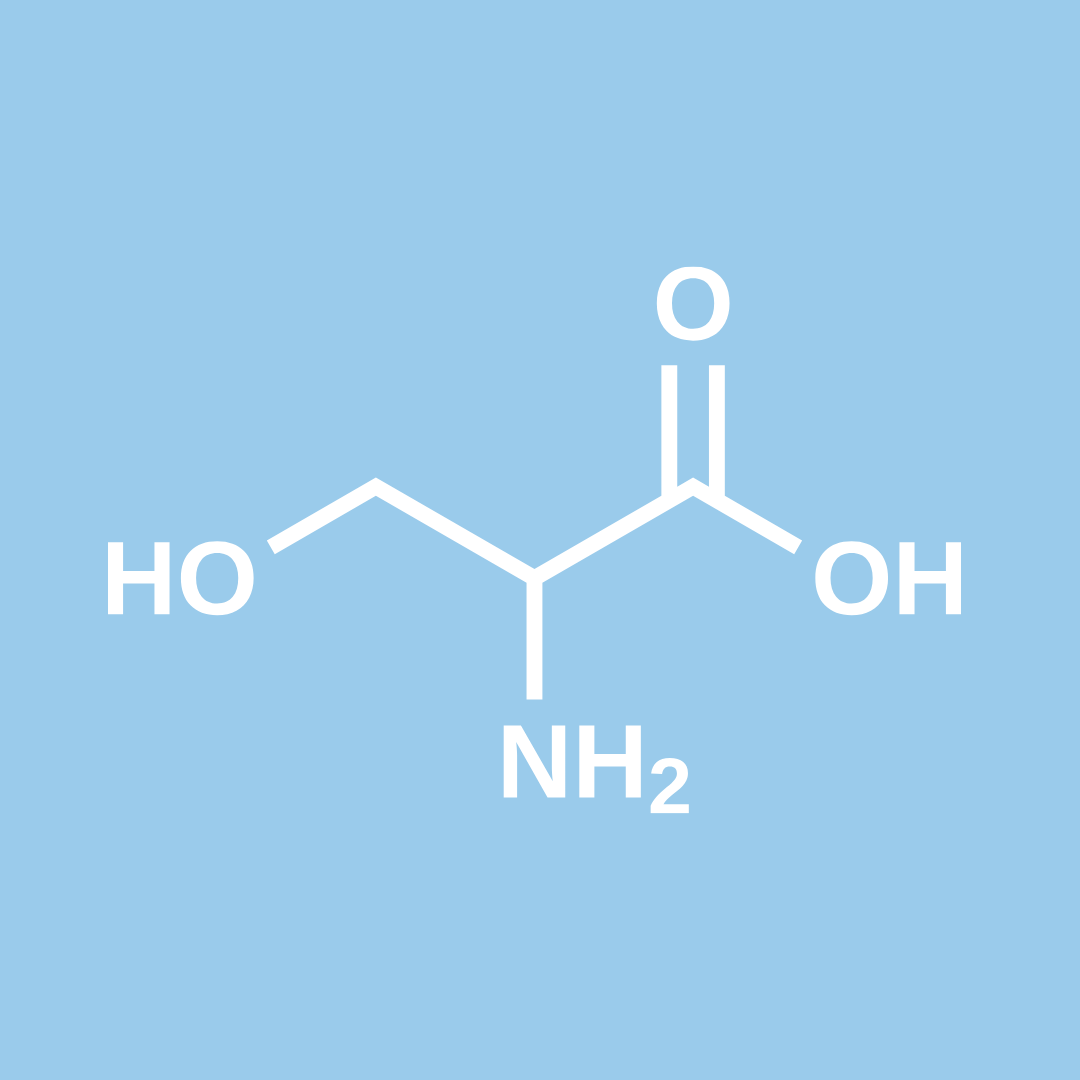 Chemical structure of an amino acid molecule on blue background