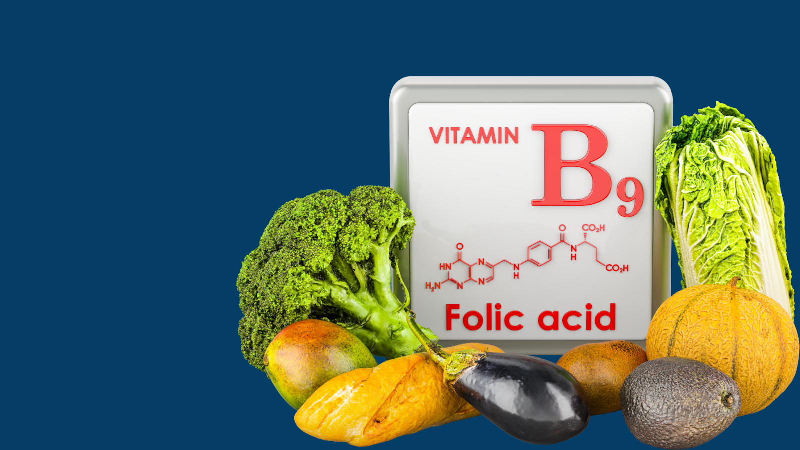 Vitamin B9 chemical structure with broccoli, avocado, and other vegetables