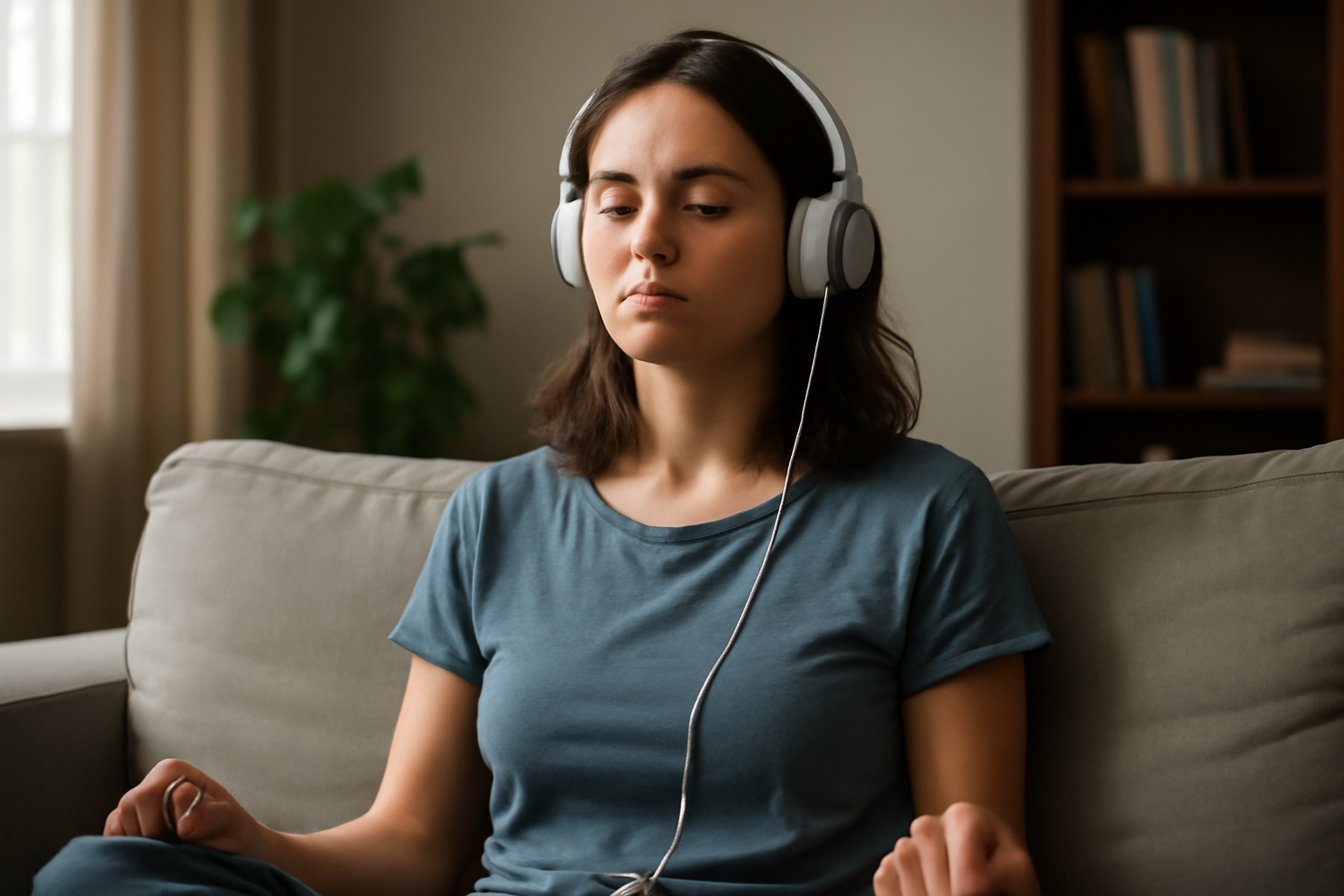 Woman with headphones meditating on a couch