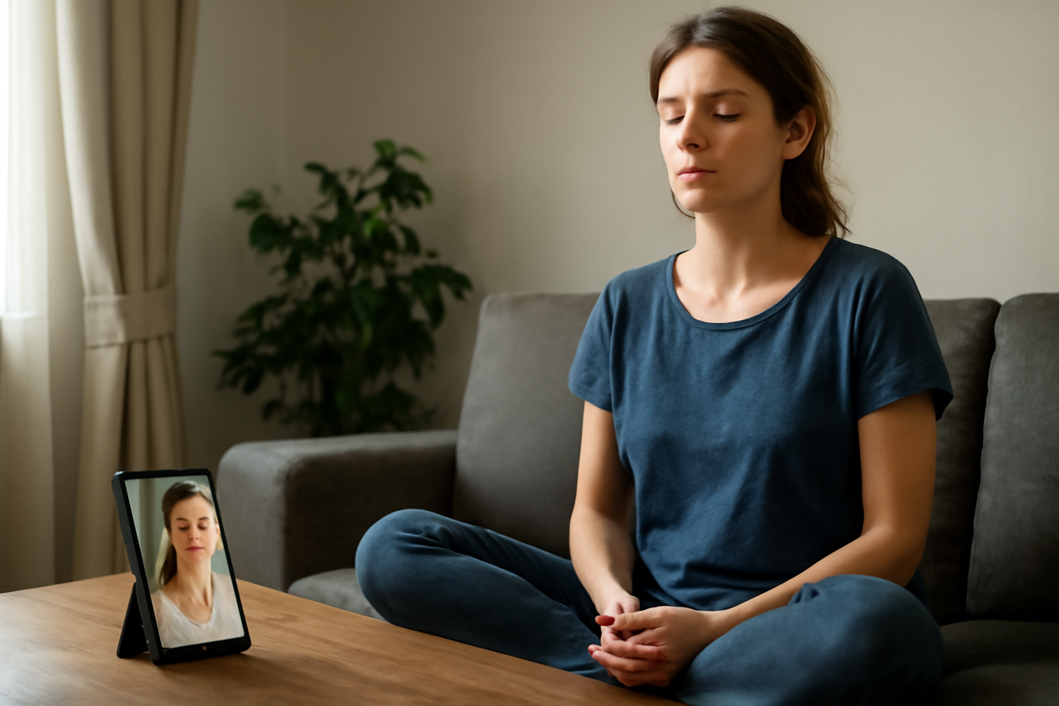 Woman meditating calmly in living room with tablet nearby