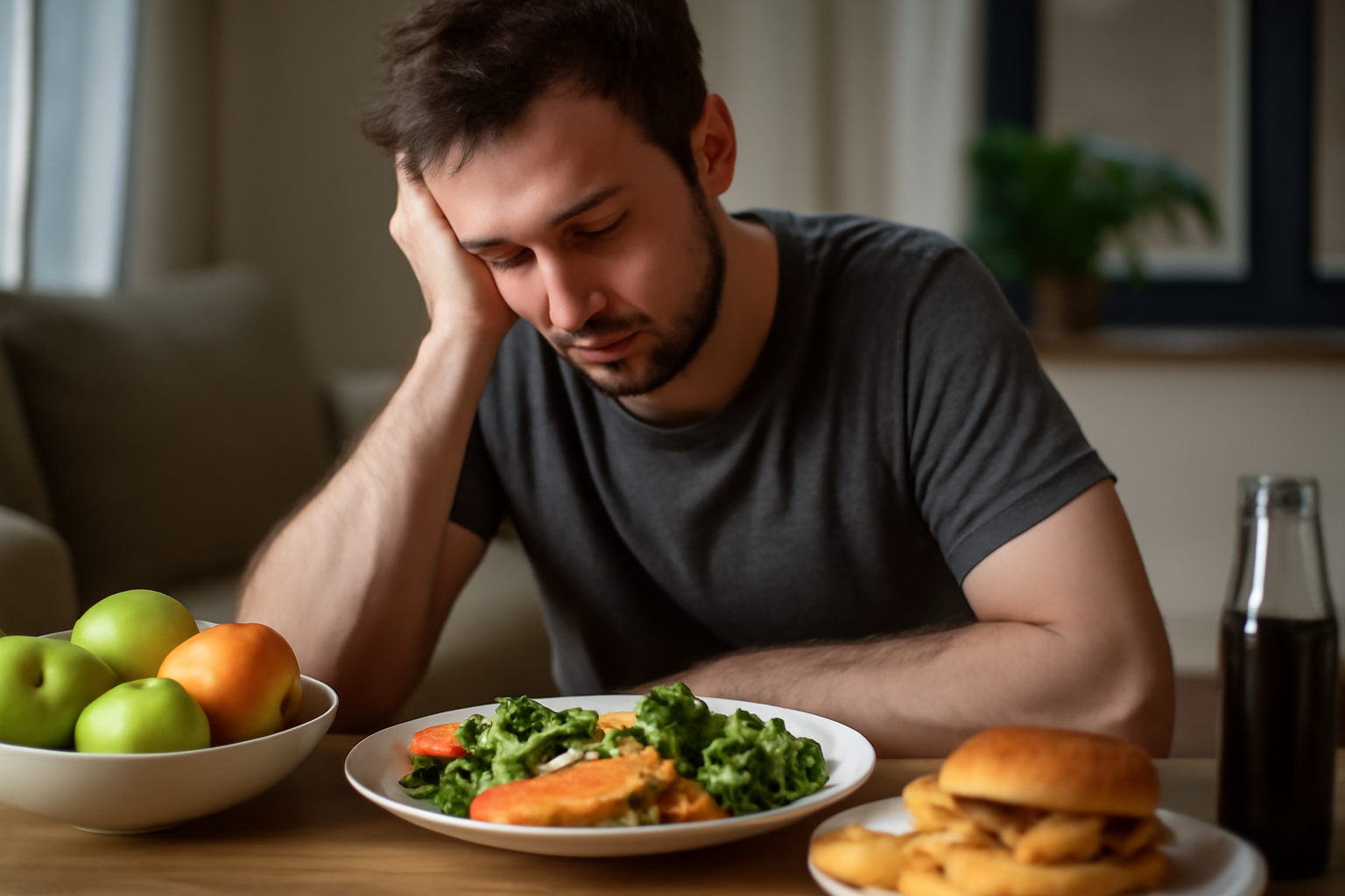 Man looking unhappy with healthy and fast food on table