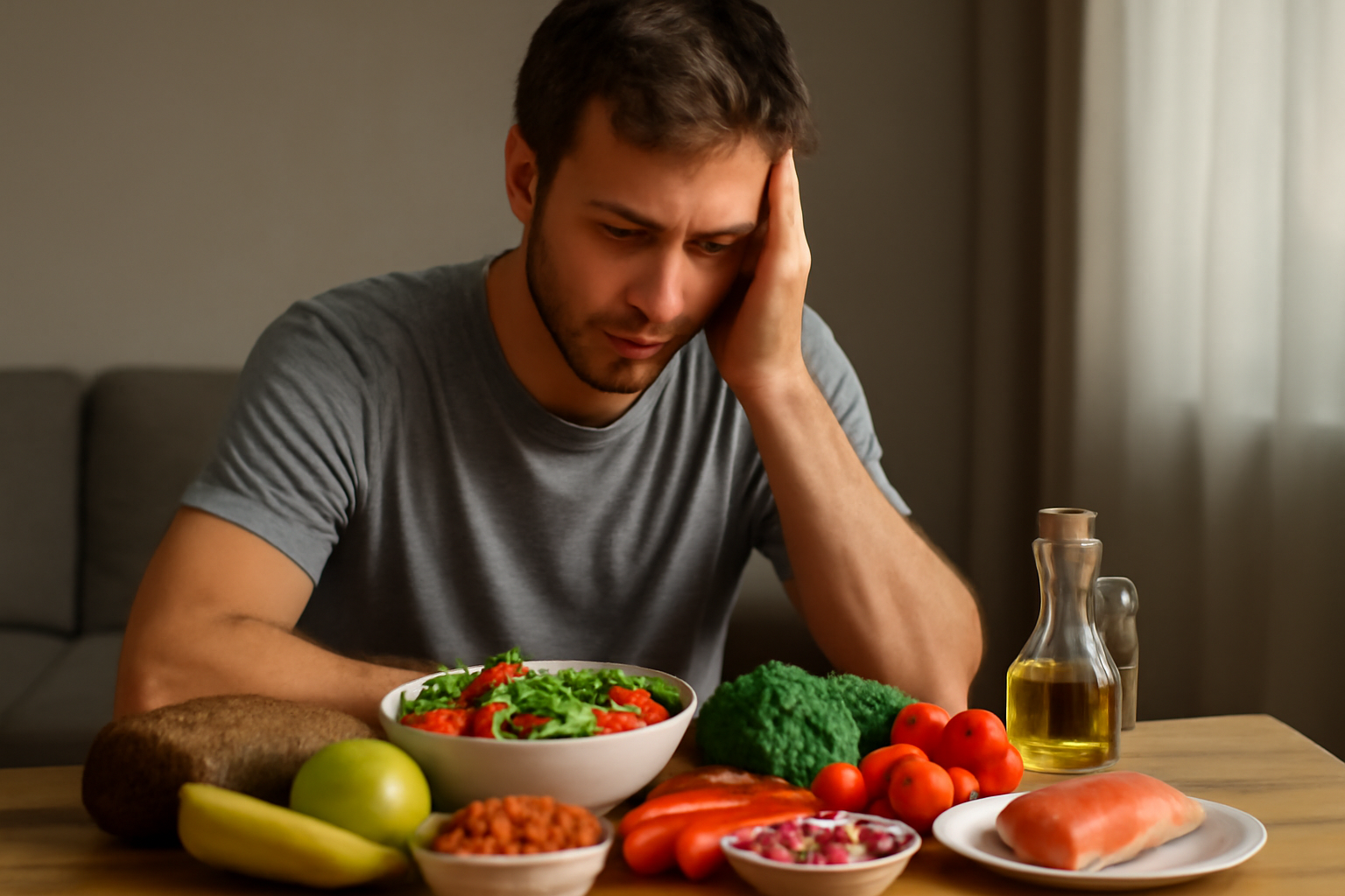 Man looking thoughtfully at healthy food on table