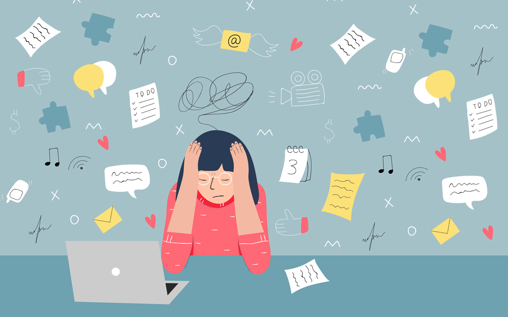 Stressed person overwhelmed by numerous tasks and messages