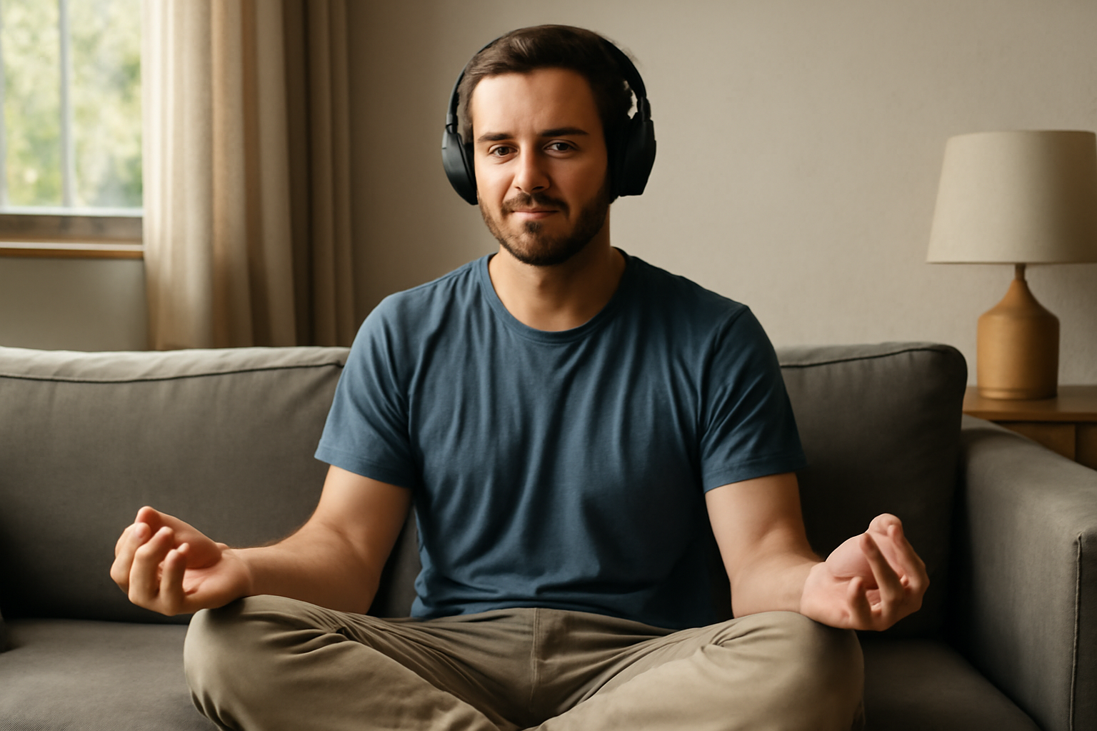 Man meditating cross-legged on couch wearing headphones