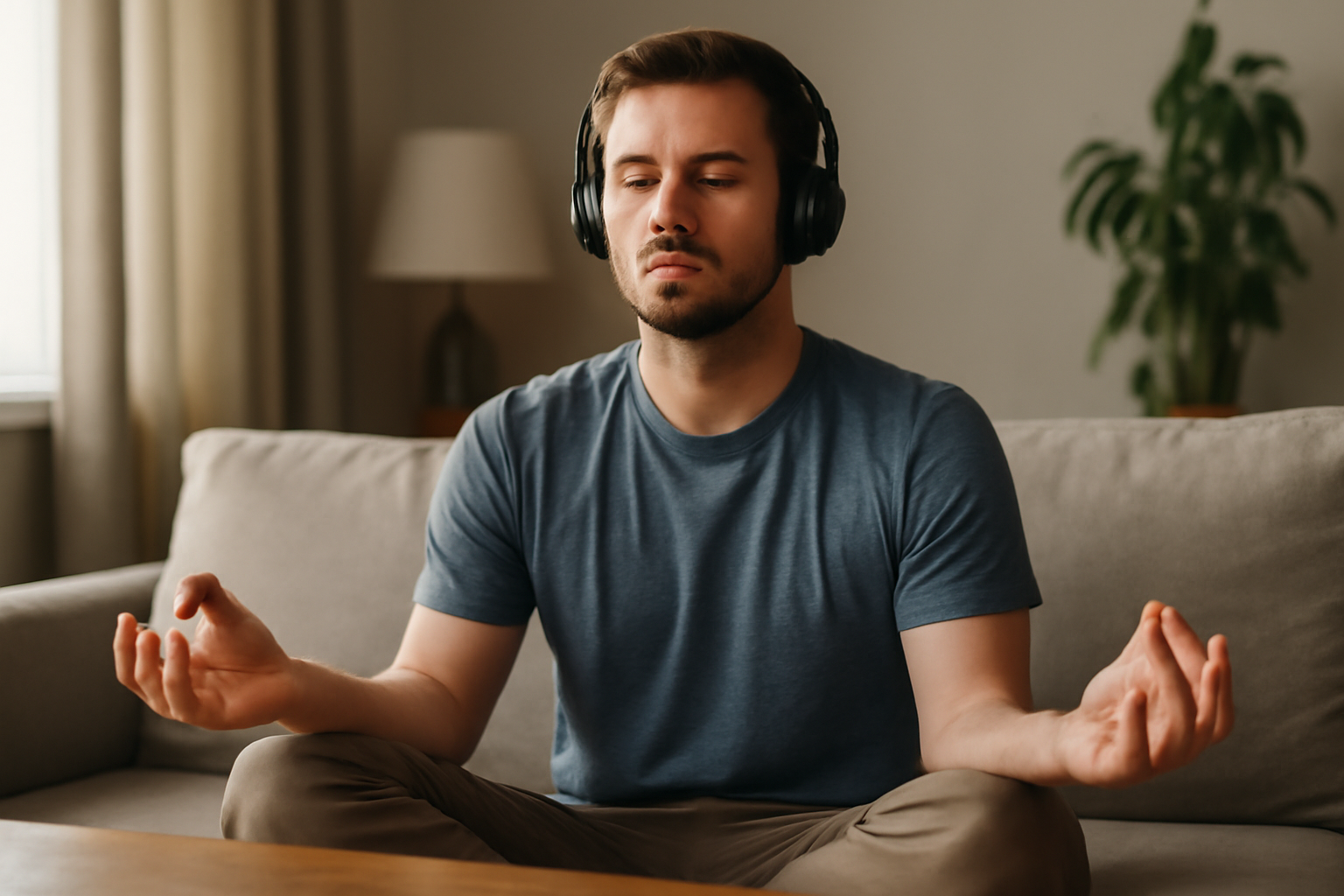 Man sitting cross-legged meditating with headphones on