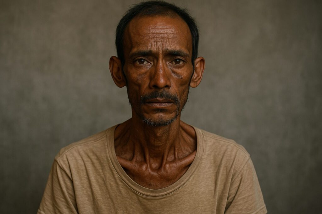 Illustration showing Addison's disease symptoms: fatigue, weight loss, low blood pressure, darkened skin, muscle weakness, and salt craving.