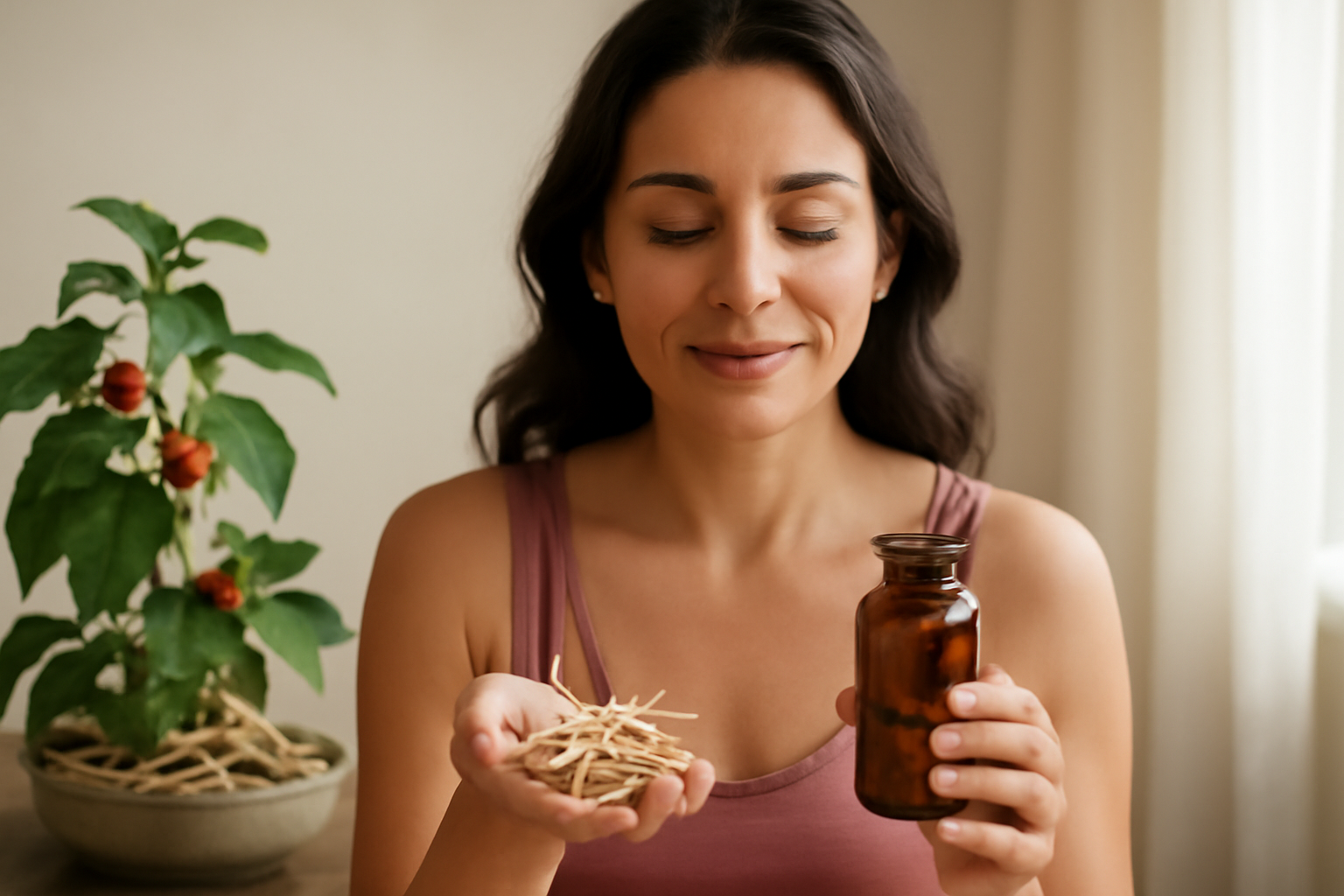 Woman holding dried ashwagandha roots and a brown glass bottle