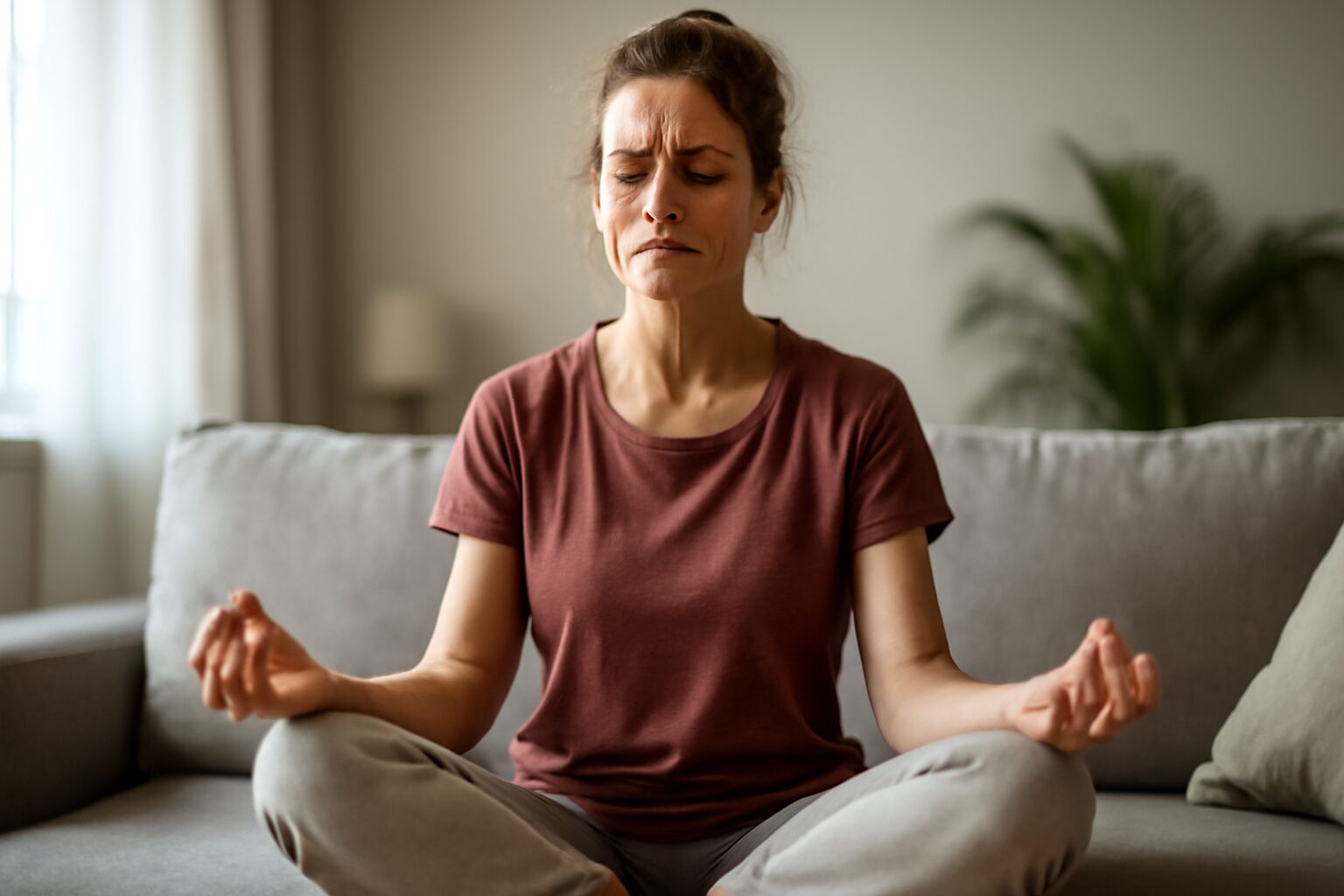 Person practicing mindful meditation for anxiety, sitting cross-legged on a mat indoors, eyes closed, hands resting on knees, surrounded by calming decor.