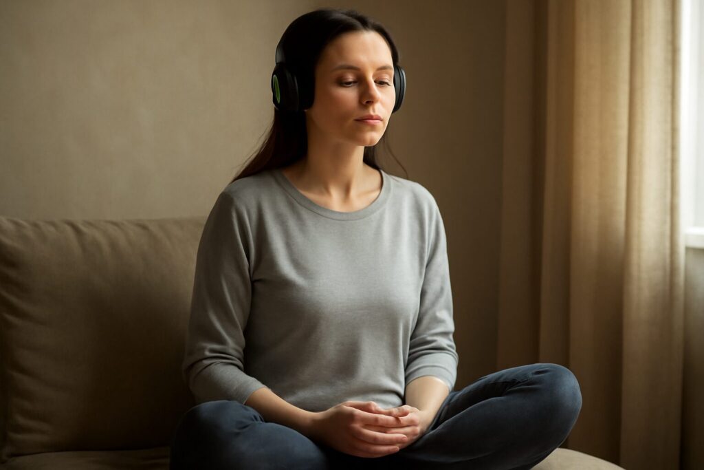 A person sits cross-legged on a yoga mat, eyes closed, practicing guided meditation for anxiety in a peaceful, softly lit room with calming decor.