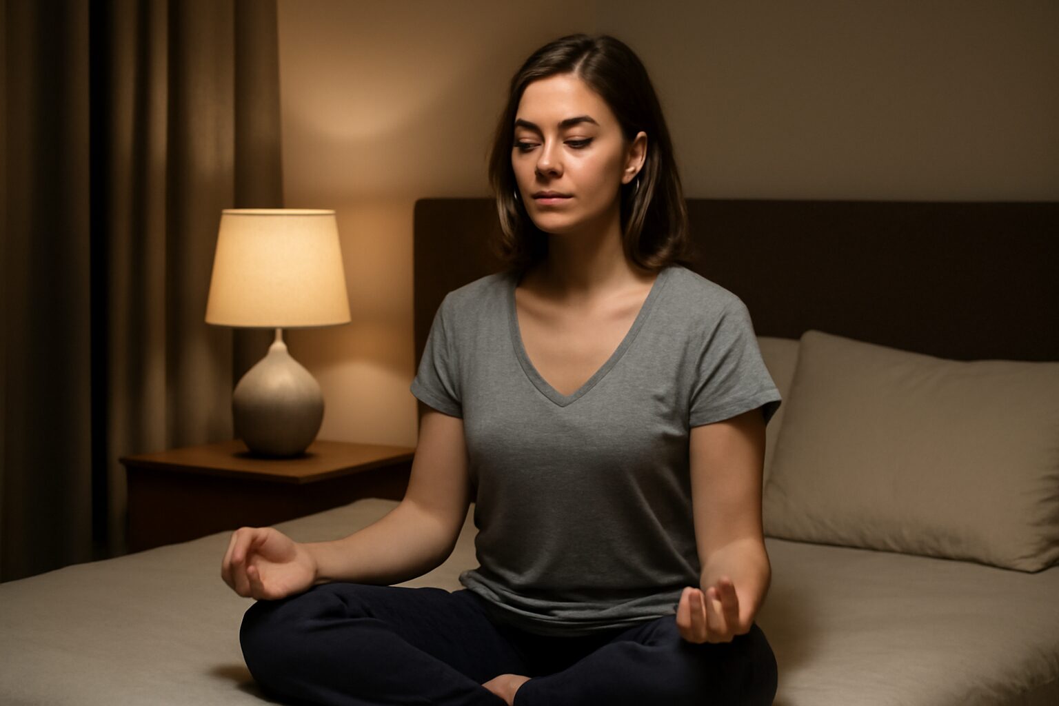 A person practices guided meditation at night, sitting cross-legged on a bed, using deep breathing techniques to ease anxiety and promote restful sleep.