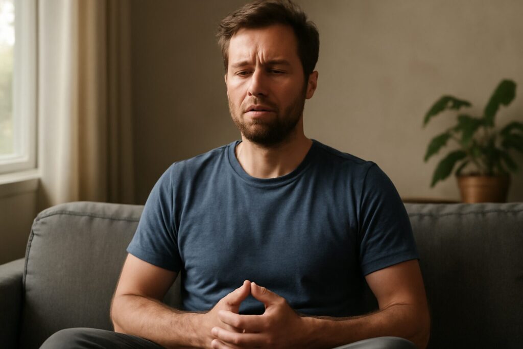 A person sitting cross-legged on a yoga mat, eyes closed, practicing meditation for anxiety attack relief in a calm, softly lit room.