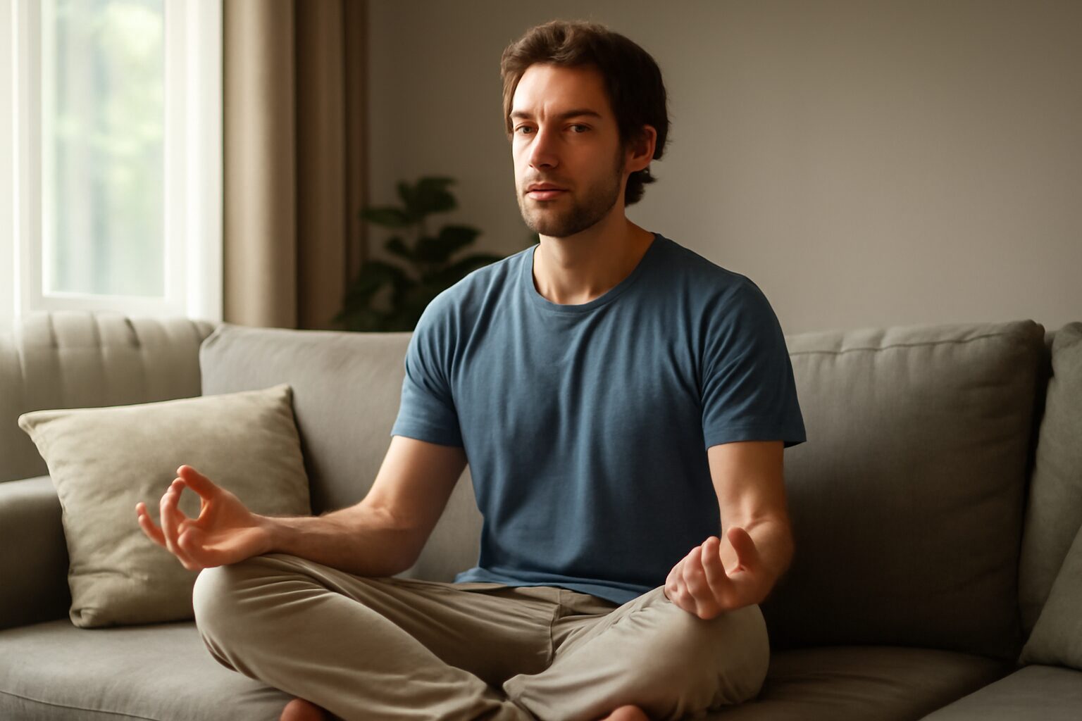 Person practicing mindfulness meditation in a peaceful room, focusing on breath to reduce anxiety and promote calmness, illustrating best meditation techniques.