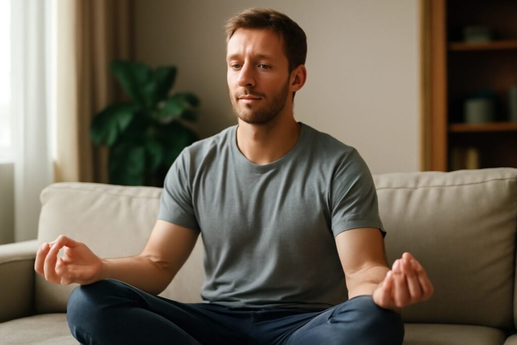 A person sits cross-legged on a yoga mat in a peaceful room, eyes closed, practicing a 5-minute meditation for anxiety with calm, focused breathing.