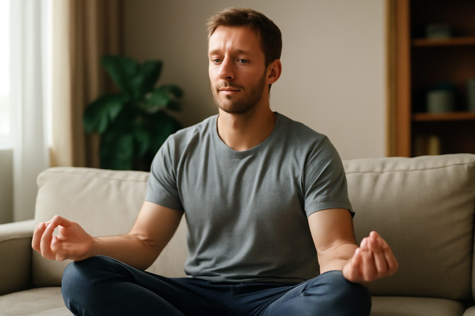A person sits cross-legged on a yoga mat in a peaceful room, eyes closed, practicing a 5-minute meditation for anxiety with calm, focused breathing.