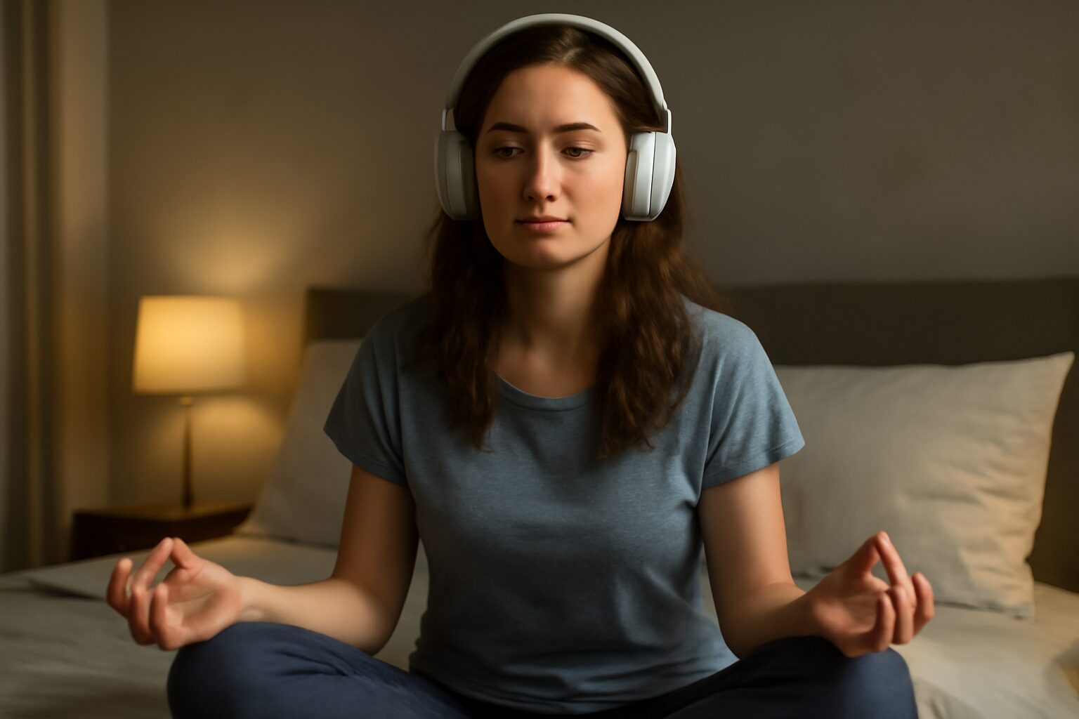 Person lying peacefully in bed with eyes closed, listening to a guided meditation audio for anxiety relief and restful sleep, surrounded by a calm atmosphere.