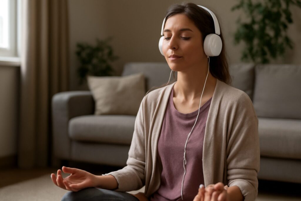 Person sitting cross-legged on a yoga mat, eyes closed, practicing guided meditation for stress and anxiety relief in a calm, softly lit room.
