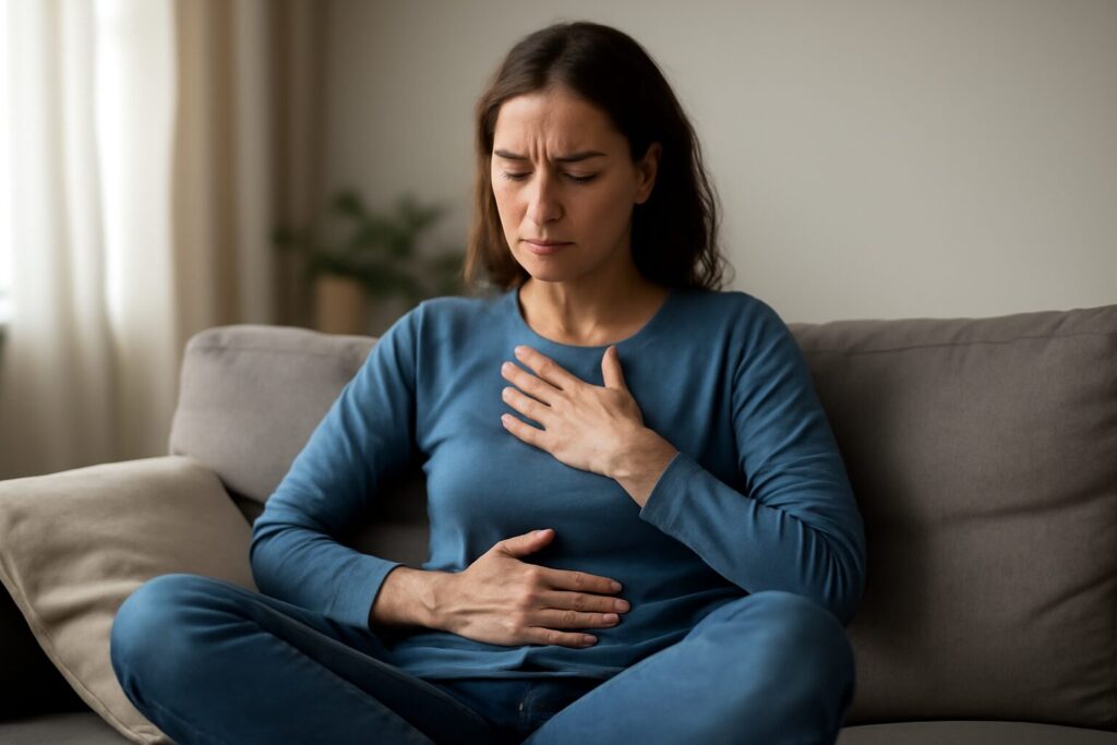 A person practices grounding techniques for anxiety by focusing on their senses, touching textured objects, and taking deep breaths to stay present.