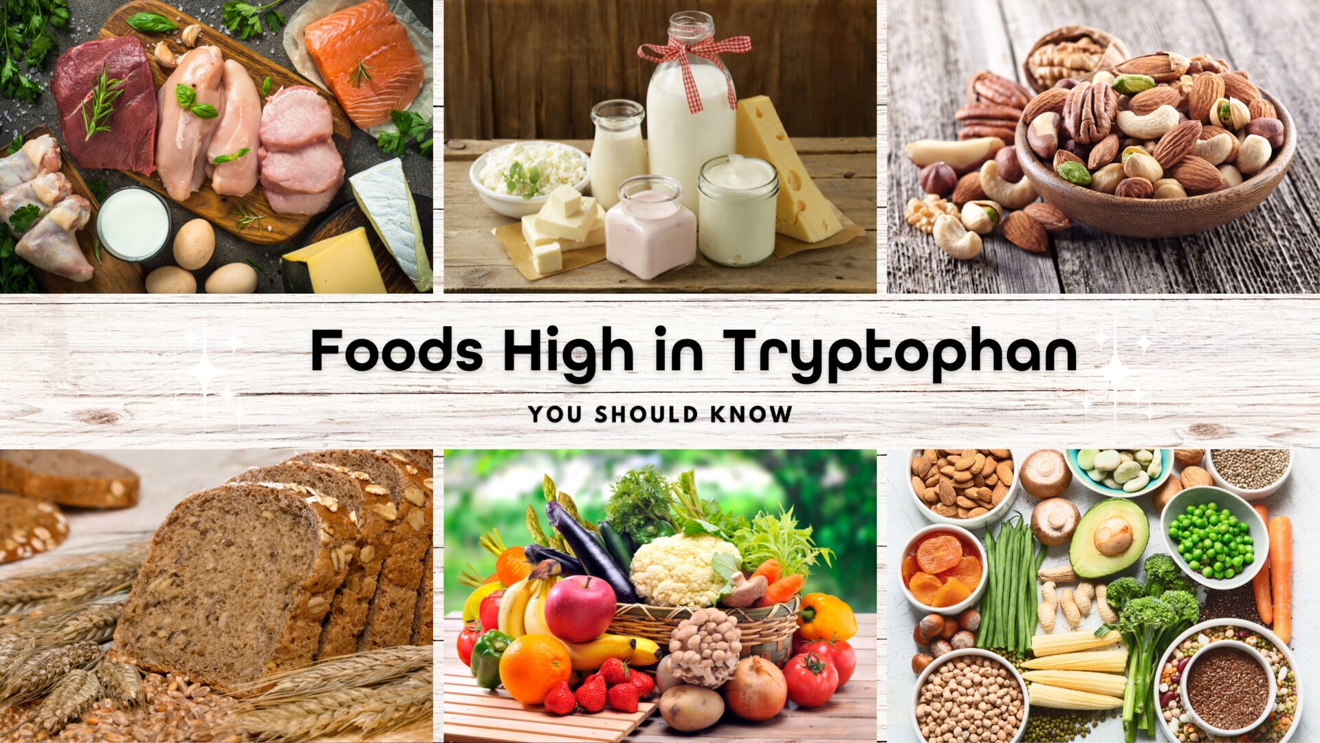 A variety of foods high in tryptophan, including turkey breast, salmon, eggs, tofu, cheese, nuts, seeds, and soybeans, arranged on a wooden table.