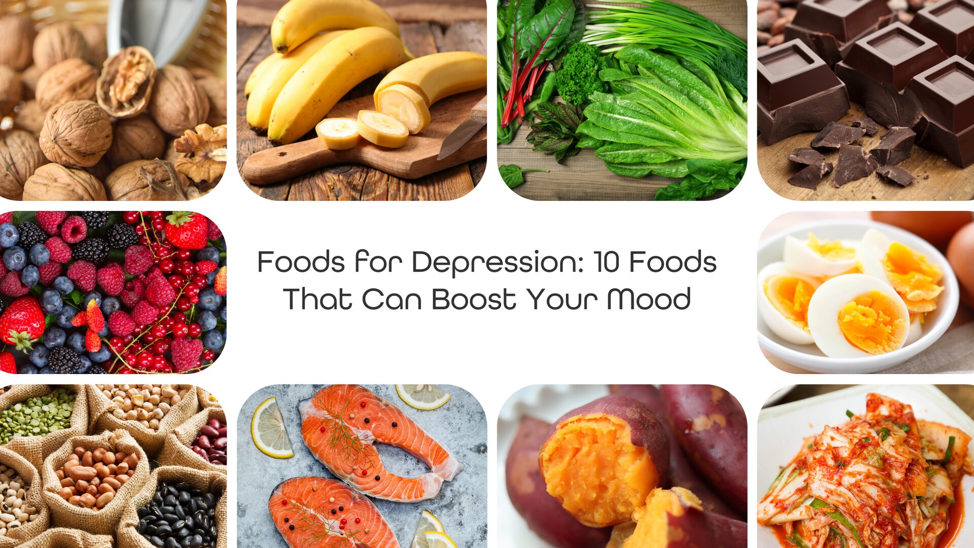 A selection of foods for depression, including salmon, walnuts, leafy greens, berries, and dark chocolate, arranged on a wooden table for mental wellness.