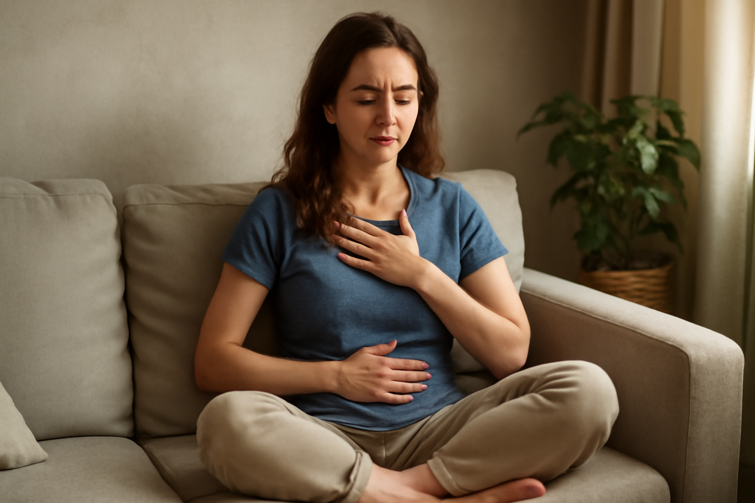 Woman sitting cross-legged with hands on chest and stomach
