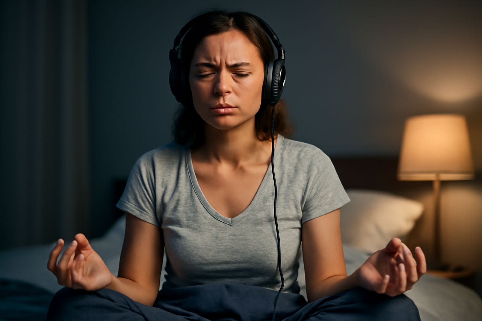 Woman meditating with headphones seated on bed with lamp in background
