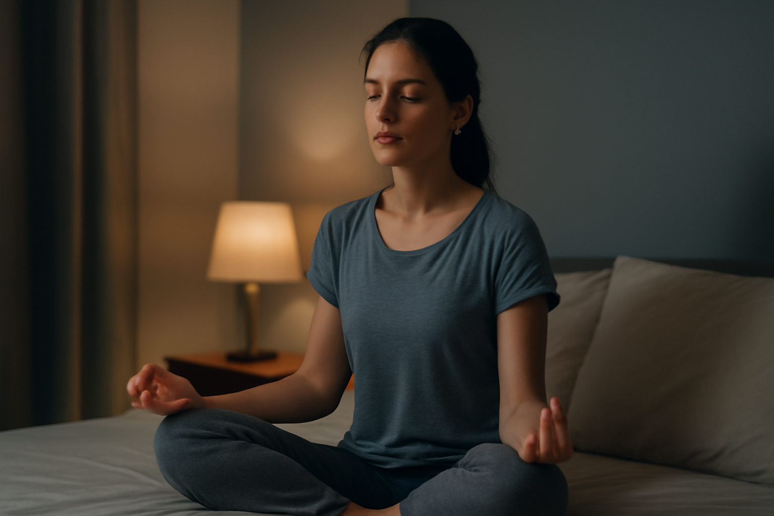 Woman meditating calmly on bed in dimly lit room