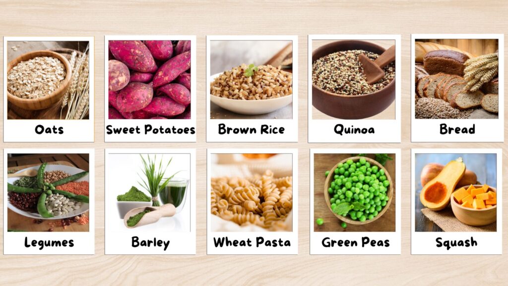 A variety of complex carbohydrates including whole grain bread, brown rice, oats, quinoa, and legumes displayed on a wooden table.
