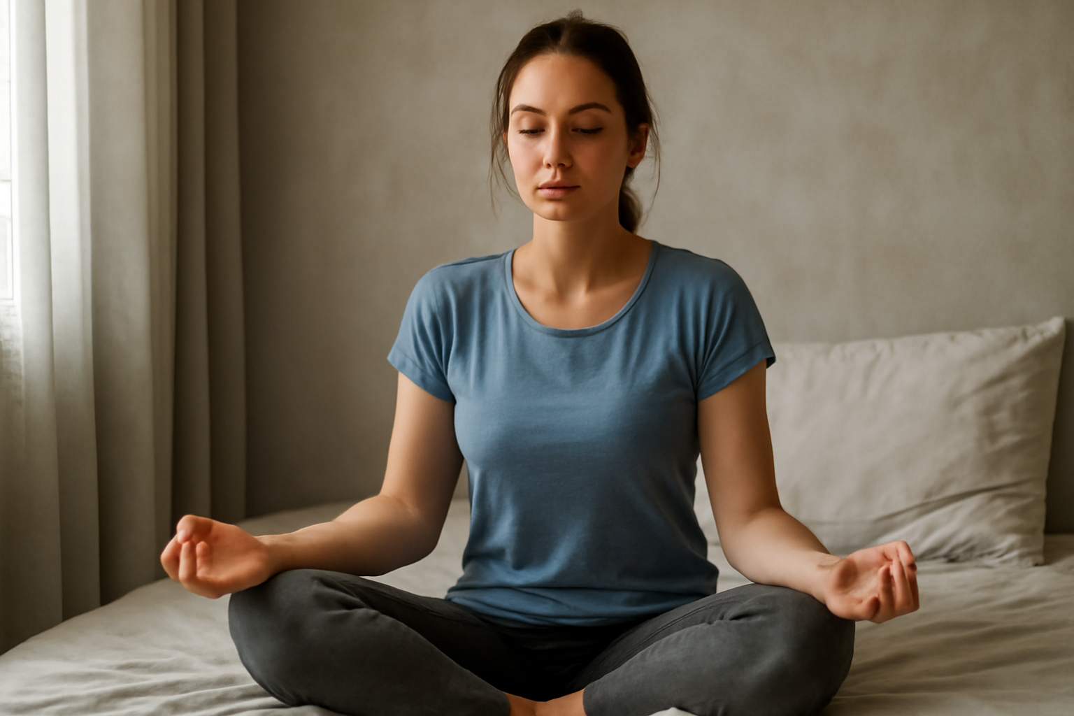 Woman meditating cross-legged on bed with eyes closed