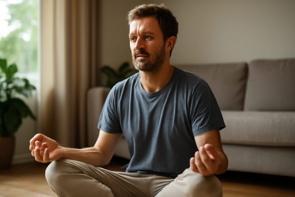 A person sits cross-legged on a yoga mat in a calm room, practicing meditation for depression with eyes closed and hands resting gently on their knees.