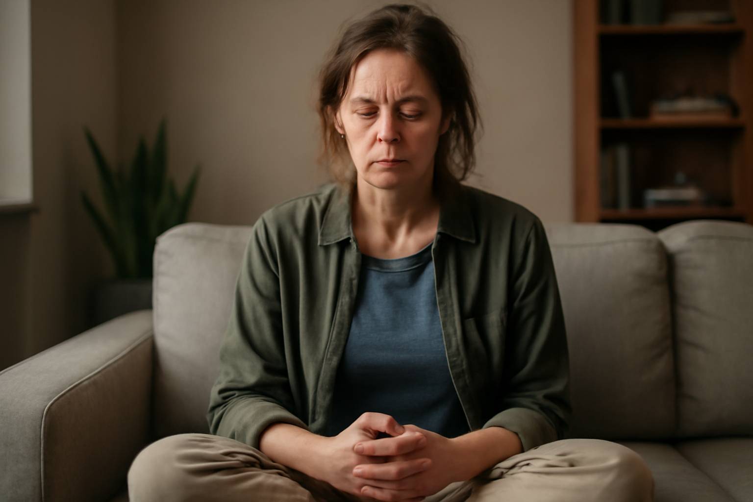 Woman sitting on couch with eyes closed, appearing contemplative