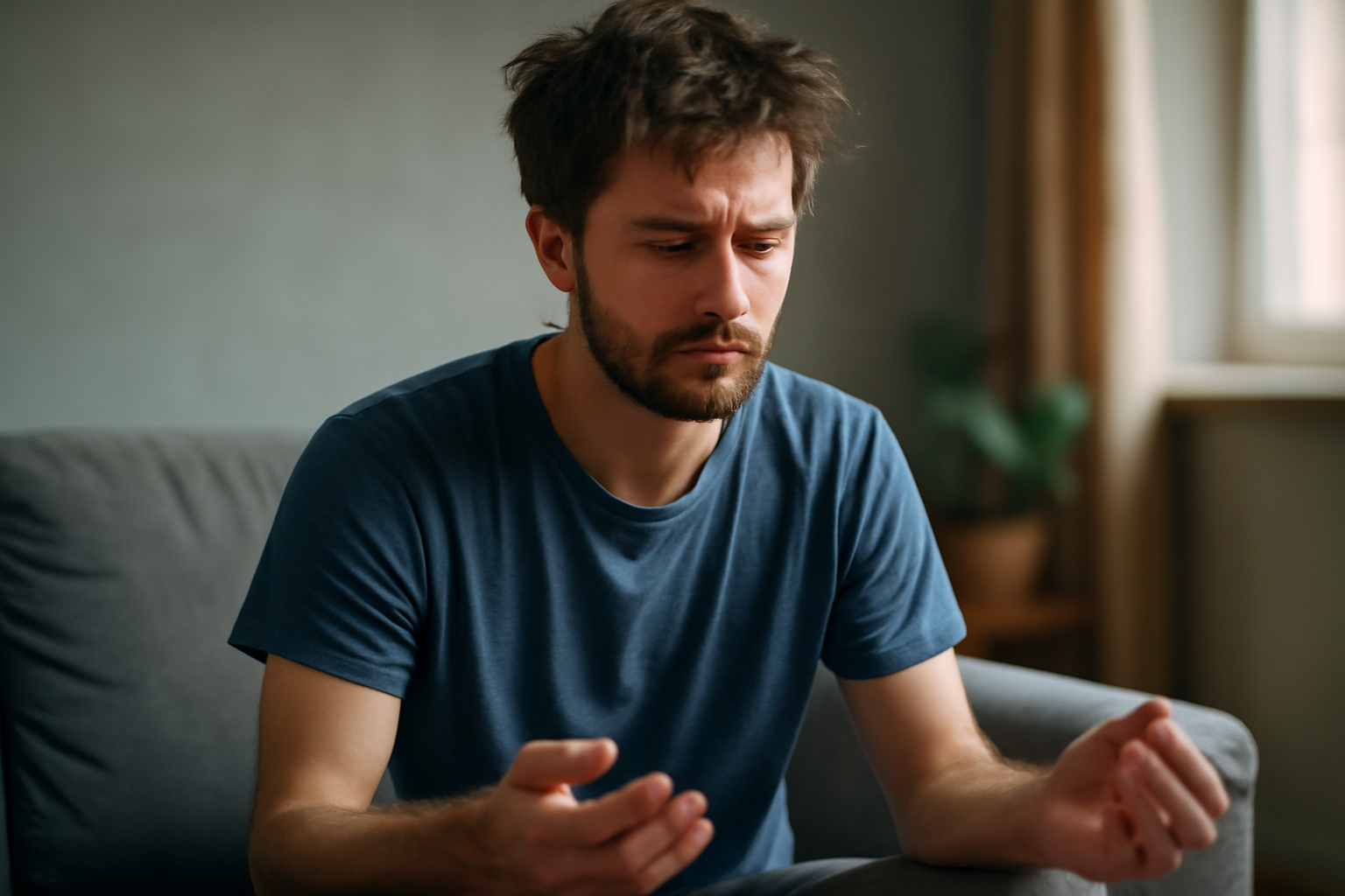 Man sitting with closed eyes and hands raised in meditation