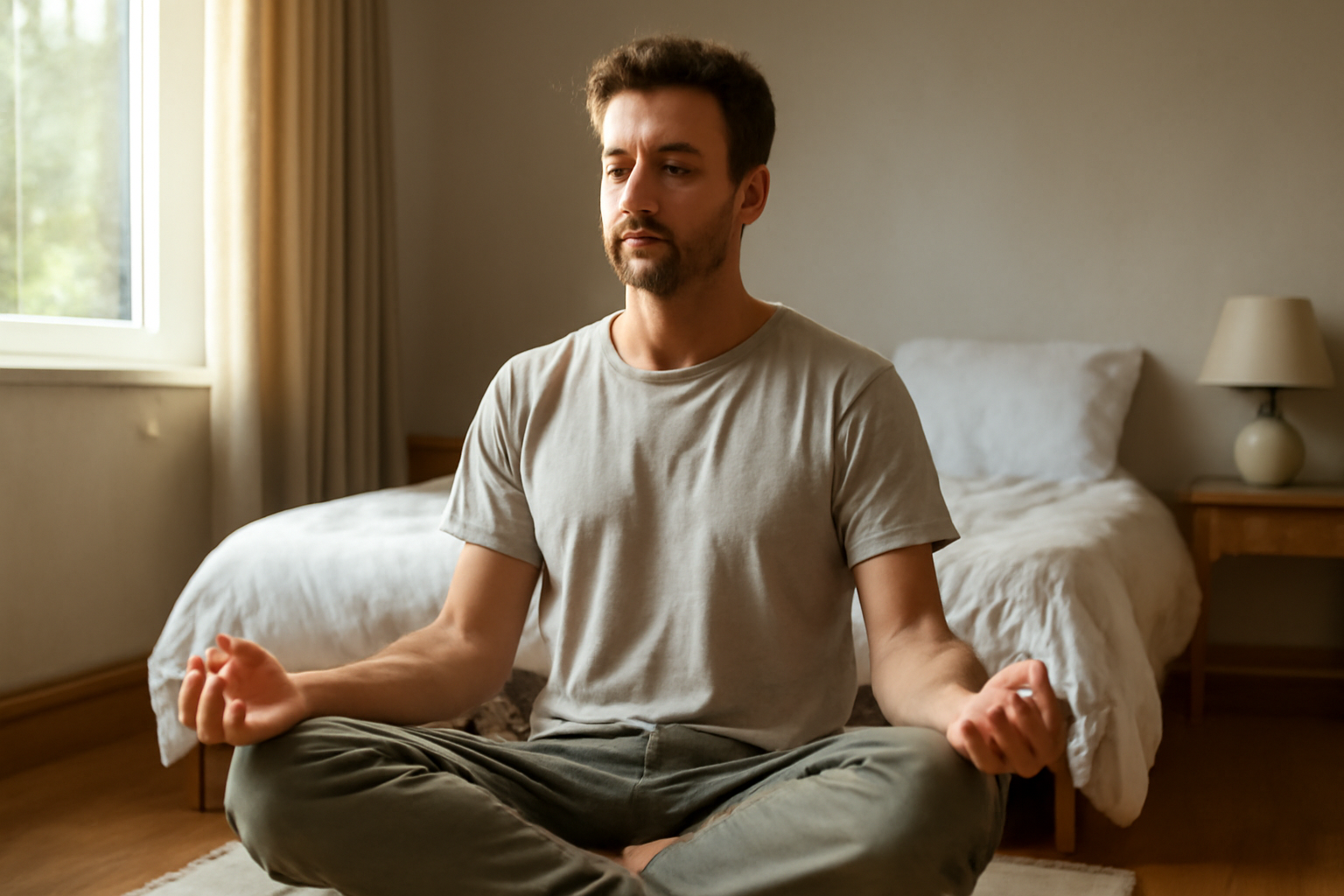 Man meditating in bedroom with natural light