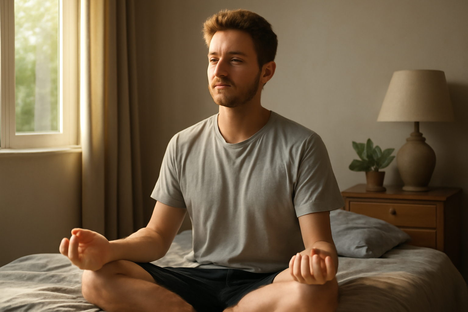 Man meditating in a peaceful bedroom by a window