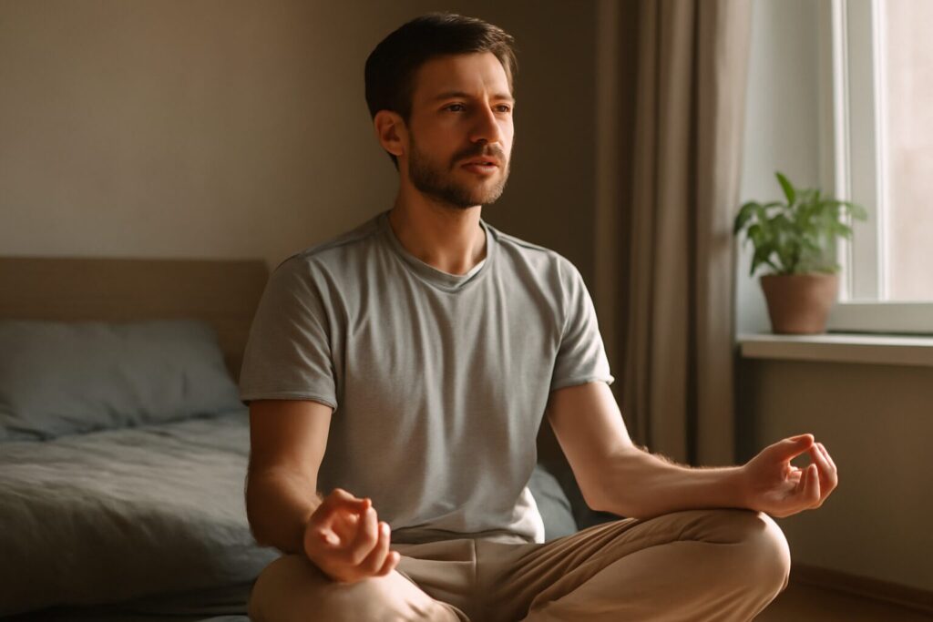 A person sits cross-legged on a yoga mat at sunrise, practicing morning meditation for anxiety relief in a peaceful, sunlit room with calming decor.